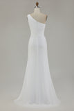 Ivory Chiffon One Shoulder Ruched Beach Maxi Engagement Dress with Slit