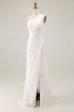 Ivory Chiffon Ruched One Shoulder Beach Maxi Engagement Dress with Slit