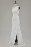 Ivory Chiffon Ruched One Shoulder Beach Maxi Engagement Dress with Slit