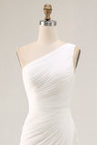 Ivory Chiffon Ruched One Shoulder Beach Maxi Engagement Dress with Slit