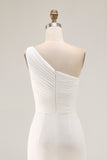 Ivory Chiffon Ruched One Shoulder Beach Maxi Engagement Dress with Slit