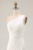 Ivory Chiffon Ruched One Shoulder Beach Maxi Engagement Dress with Slit