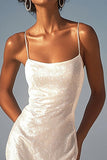 Sparkly Ivory Sheath Sequin Maxi Wedding Reception Dress with Slit