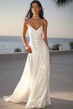 Sparkly Ivory Sequined Spaghetti Straps Maxi Wedding Reception Dress