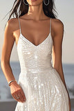 Sparkly Ivory Sequined Spaghetti Straps Maxi Wedding Reception Dress
