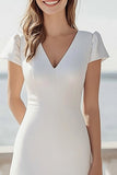 Simple Satin Ivory Short Sleeves Maxi Wedding Reception Dress with Slit