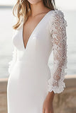 Satin Ivory Long Sleeves Maxi Wedding Reception Dress with Appliques