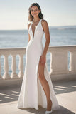 Satin Sheath Ivory Maxi Wedding Reception Dress with Slit