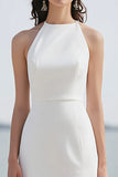 Satin Halter Sheath Ivory Maxi Rehearsal Dinner Dress with Slit