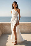 Chiffon One Shoulder Ruched Ivory Maxi Rehearsal Dinner Dress with Slit