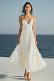 Simple Spaghetti Straps Ivory Beach Maxi Engagement Dress
