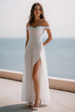 Sparkly Ivory A Line Sequin Maxi Wedding Reception Dress with Slit