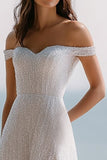 Sparkly Ivory A Line Sequin Maxi Wedding Reception Dress with Slit