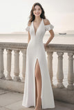 Ivory Sheath Maxi Satin Ruffled Rehearsal Dinner Dress with Slit