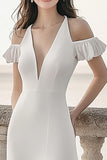 Ivory Sheath Maxi Satin Ruffled Rehearsal Dinner Dress with Slit