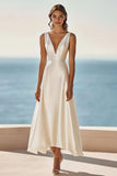 Simple Ivory A Line Satin Maxi Rehearsal Dinner Dress