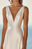 Simple Ivory A Line Satin Maxi Rehearsal Dinner Dress