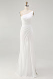 Ivory Ruched One Shoulder Long Chiffon Rehearsal Dinner Dress with Slit