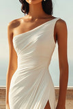 Ivory Ruched One Shoulder Long Chiffon Rehearsal Dinner Dress with Slit