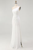 Ivory Ruched One Shoulder Long Chiffon Rehearsal Dinner Dress with Slit