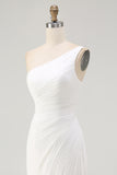 Ivory Ruched One Shoulder Long Chiffon Rehearsal Dinner Dress with Slit