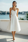 Satin Simple A Line Spaghetti Straps Ivory Midi Bridal Shower Dress