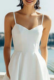 Satin Simple A Line Spaghetti Straps Ivory Midi Bridal Shower Dress