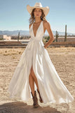 Ivory Maxi Satin Boho Western Wedding Dress with Pockets