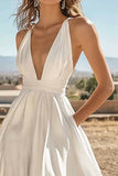 Ivory Maxi Satin Boho Western Wedding Dress with Pockets