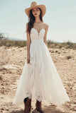 Ivory Lace A Line Sweetheart Maxi Boho Western Wedding Dress