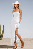 Ivory Asymmetrical Strapless Boho Western Wedding Dress with Ruffles