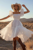 Ivory Square Neck Boho Midi Western Wedding Dress with Ruffles