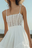 Ivory Chiffon High-Low Boho Western Wedding Dress with Lace