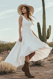 Ivory Chiffon High-Low V-Neck Boho Western Wedding Dress