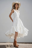 Ivory Satin Scoop Neck Midi Boho Western Wedding Dress