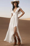 Ivory Ruffled Boho Asymmetrical Western Wedding Dress with Sash