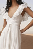Ivory Ruffled Boho Asymmetrical Western Wedding Dress with Sash