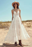 Ivory Spaghetti Straps Lace Maxi Boho Western Wedding Dress