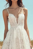 Ivory Spaghetti Straps Lace Maxi Boho Western Wedding Dress