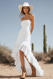 Strapless Ivory Boho High-Low Western Wedding Dress with Ruffles