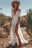 Ivory Deep V-Neck Lace Boho Maxi Western Wedding Dress with Slit