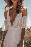 Ivory Deep V-Neck Lace Boho Maxi Western Wedding Dress with Slit
