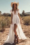 Lace Ivory Short Sleeves Boho High-Low Western Wedding Dress