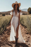 Lace Boho Ivory Deep V-Neck Maxi Western Wedding Dress with Ruffles