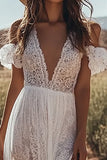 Lace Boho Ivory Deep V-Neck Maxi Western Wedding Dress with Ruffles