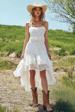 Boho Ivory High-Low Lace Western Wedding Dress with Ruffles