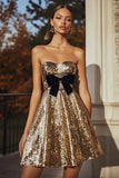 Sparkly A Line Gold Sweetheart Sequin Short Cocktail Dress with Bow