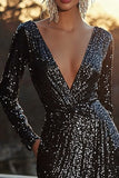 Sparkly Black Sequin V Neck Tight Short Cocktail Dress with Slit