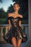 Sparkly Black Sequin Short A Line Off the Shoulder Cocktail Dress
