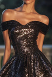 Sparkly Black Sequin Short A Line Off the Shoulder Cocktail Dress